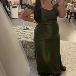 David’s Bridal Sculpting Satin off the shoulder Martinj Olive bridesmaid dress.